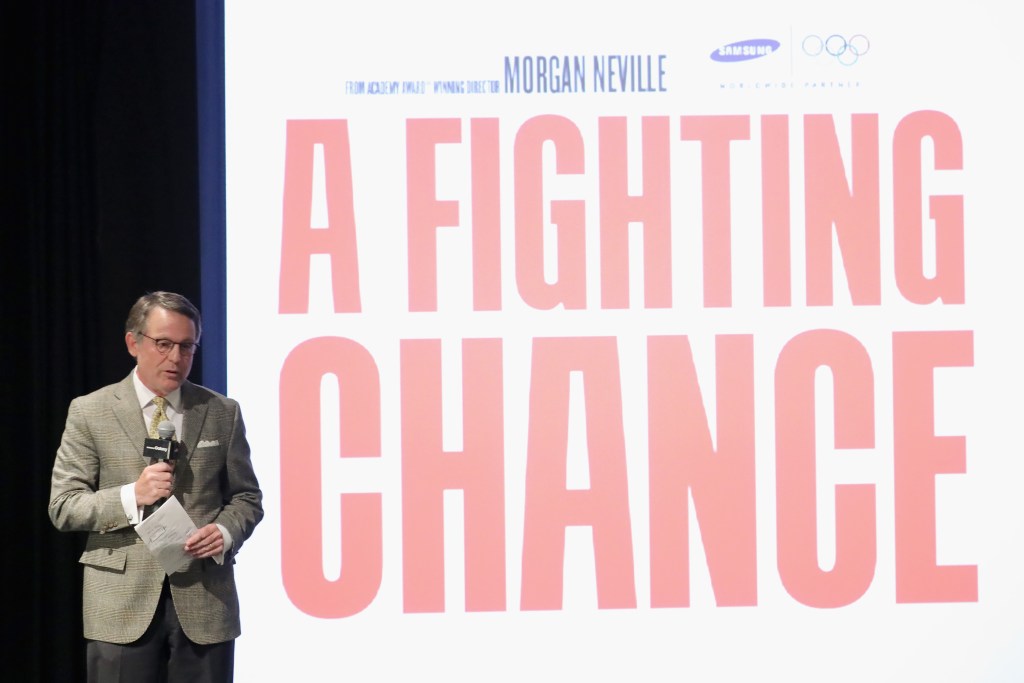 "NEW YORK, NY - APRIL 20: NBC Sports & Olympic Games Broadcaster Jimmy Roberts addresses the crowd before the official global premiere of A Fighting Chance during the Tribeca Film Festival at Tribeca Film Center on April 20, 2016 in New York City. (Photo by Neilson Barnard/Getty Images for Samsung)"