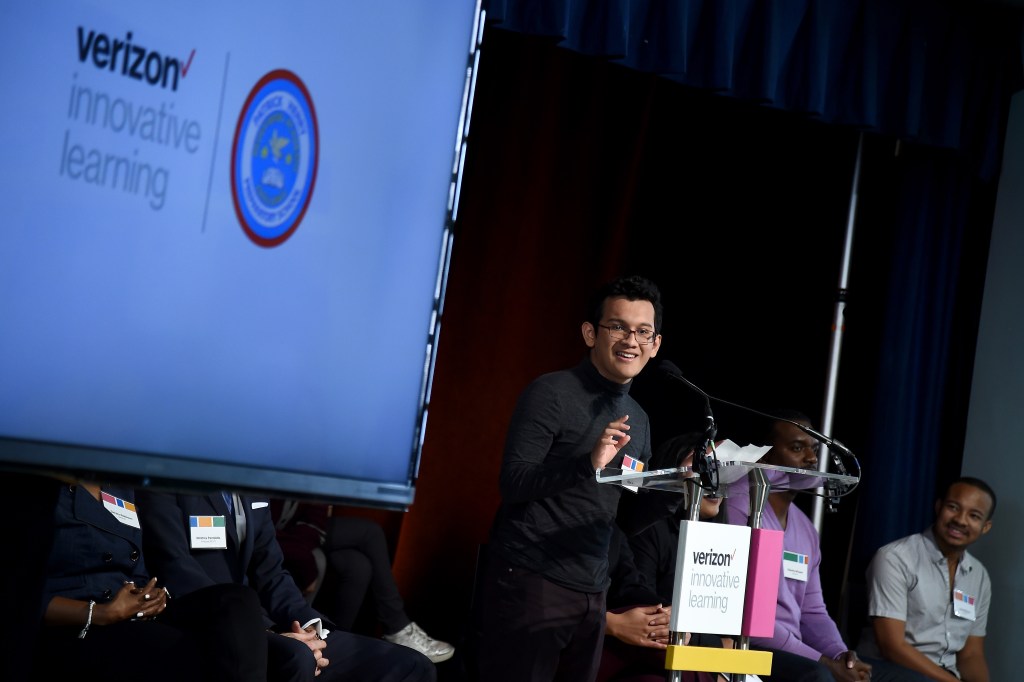 Columbia University economics and mathematics student Jason Mares speaks during Verizon Innovative Learning Event at P.S. 171 Patrick Henry School NEW YORK, NY - OCTOBER 29: Columbia University economics and mathematics student Jason Mares speaks during Verizon Innovative Learning Event at P.S. 171 Patrick Henry School on October 29, 2016 in New York City. (Photo by Ilya S. Savenok/Getty Images for Verizon)
