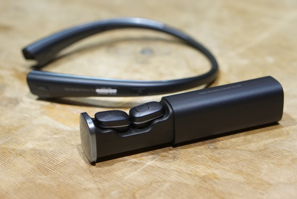 LG Tone Free Earbuds in Charging case (neckband on side) 