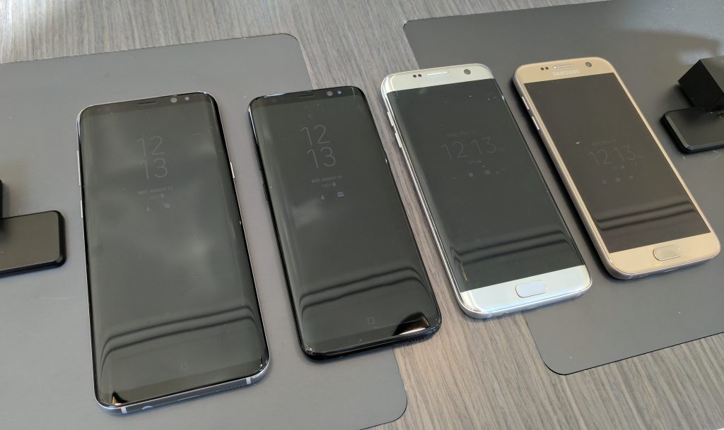 (From Left to Right) Samsung Galaxy S8+, Galaxy S8, Galaxy S7 Edge, Galaxy S7 (From Left to Right) Samsung Galaxy S8 Plus, Galaxy S8, Galaxy S7 Edge, Galaxy S7