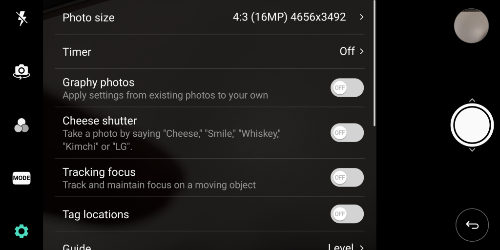 LG V30 Camera settings menu 