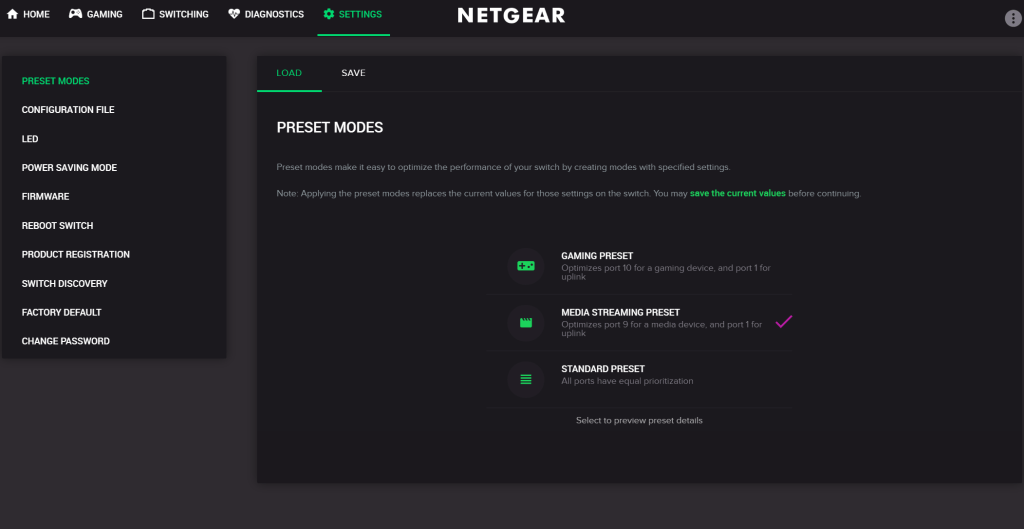 Negear Nighthawk Pro Gaming SX10 Switch - Preset Modes Negear Nighthawk Pro Gaming SX10 Switch - Preset Modes