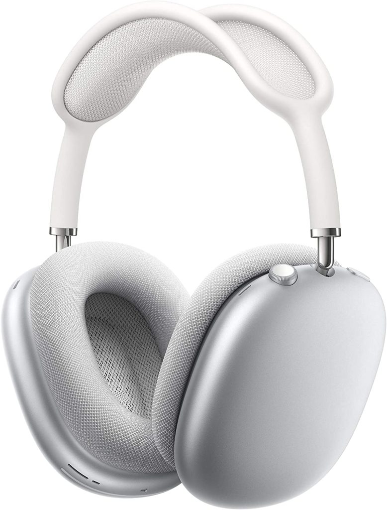 silver and white over the ear headphones