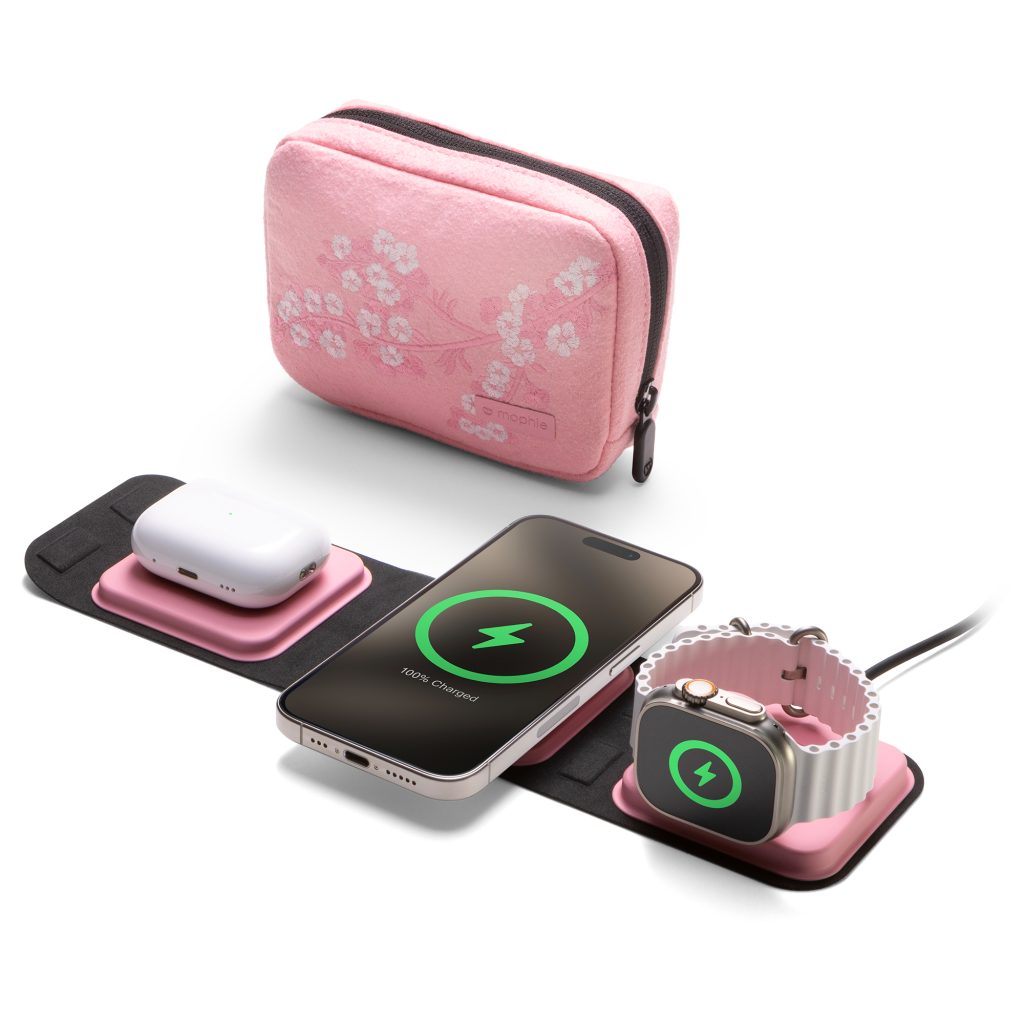 pink travel case and 3-in-1 charger in front of it